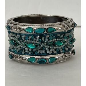 Green Rhinestone Silver Tone Cuff Bangle Bracelet Hinge Opening